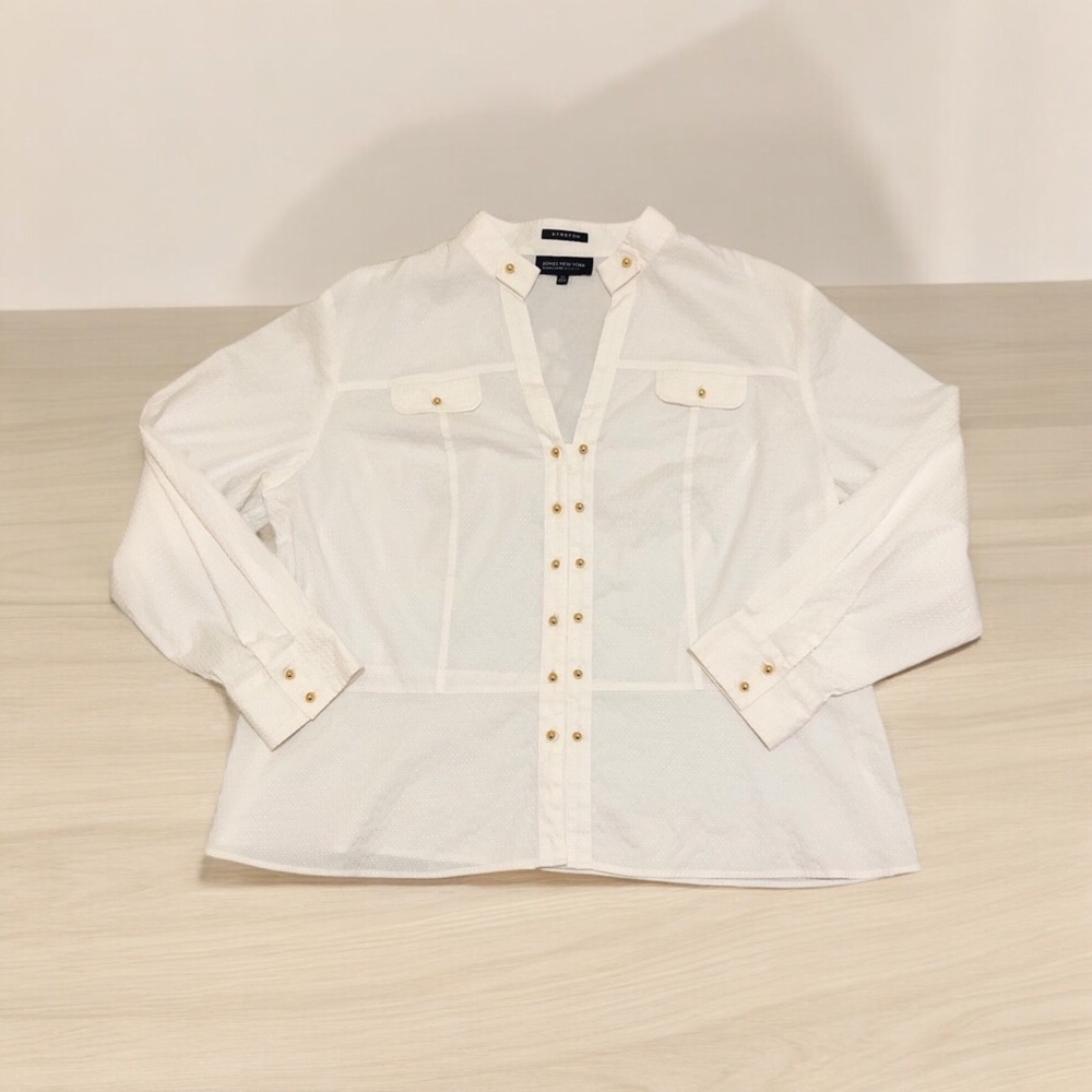 Jones New York Signature Women’s Pullover Blouse 3X White Stretch Gold Buttons - Picture 6 of 12